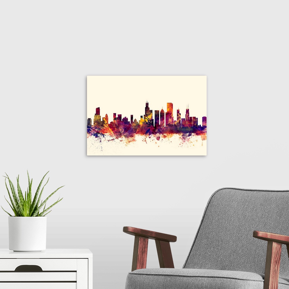 A modern room featuring Watercolor artwork of the Chicago skyline against a beige background.