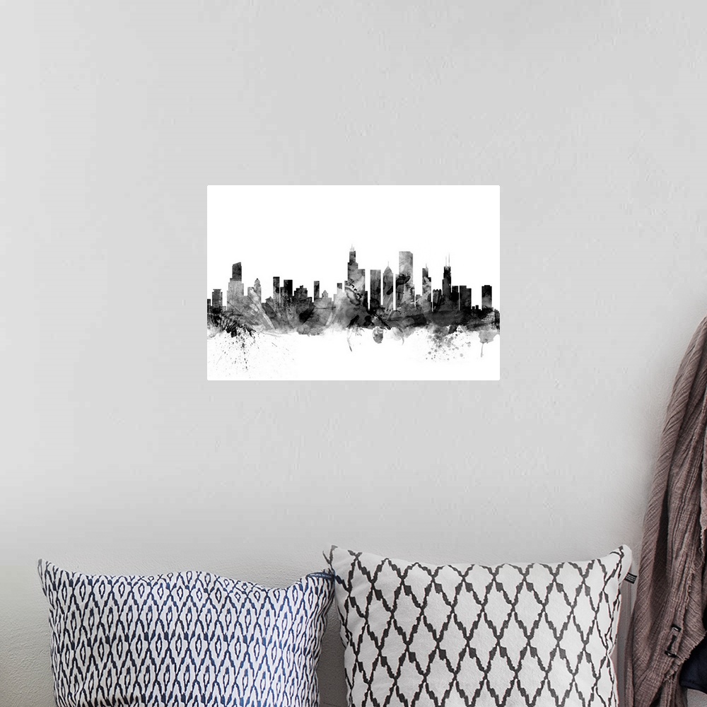 A bohemian room featuring Contemporary artwork of the Chicago city skyline in black watercolor paint splashes.