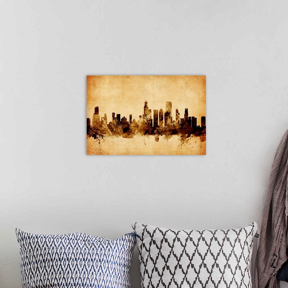 A bohemian room featuring Contemporary artwork of the Chicago city skyline in a vintage distressed look.