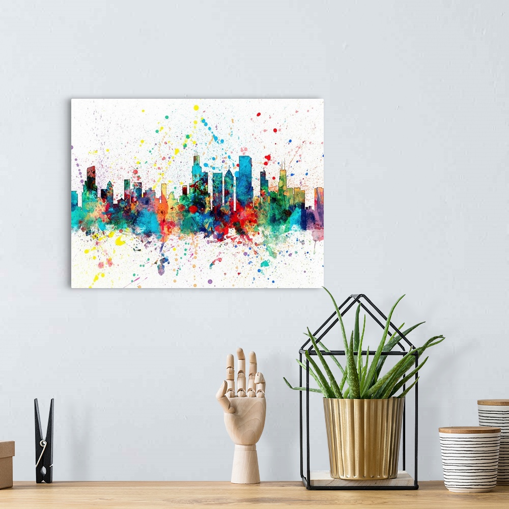 A bohemian room featuring Contemporary colorful paint splash of the Chicago skyline.