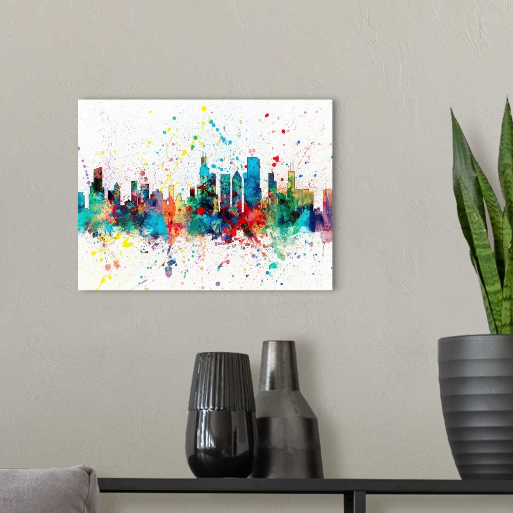 A modern room featuring Contemporary colorful paint splash of the Chicago skyline.