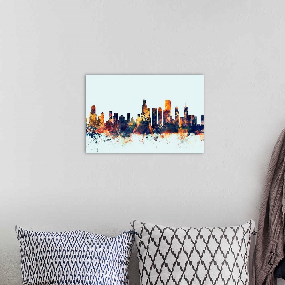 A bohemian room featuring Dark watercolor silhouette of the  Chicago city skyline against a light blue background.