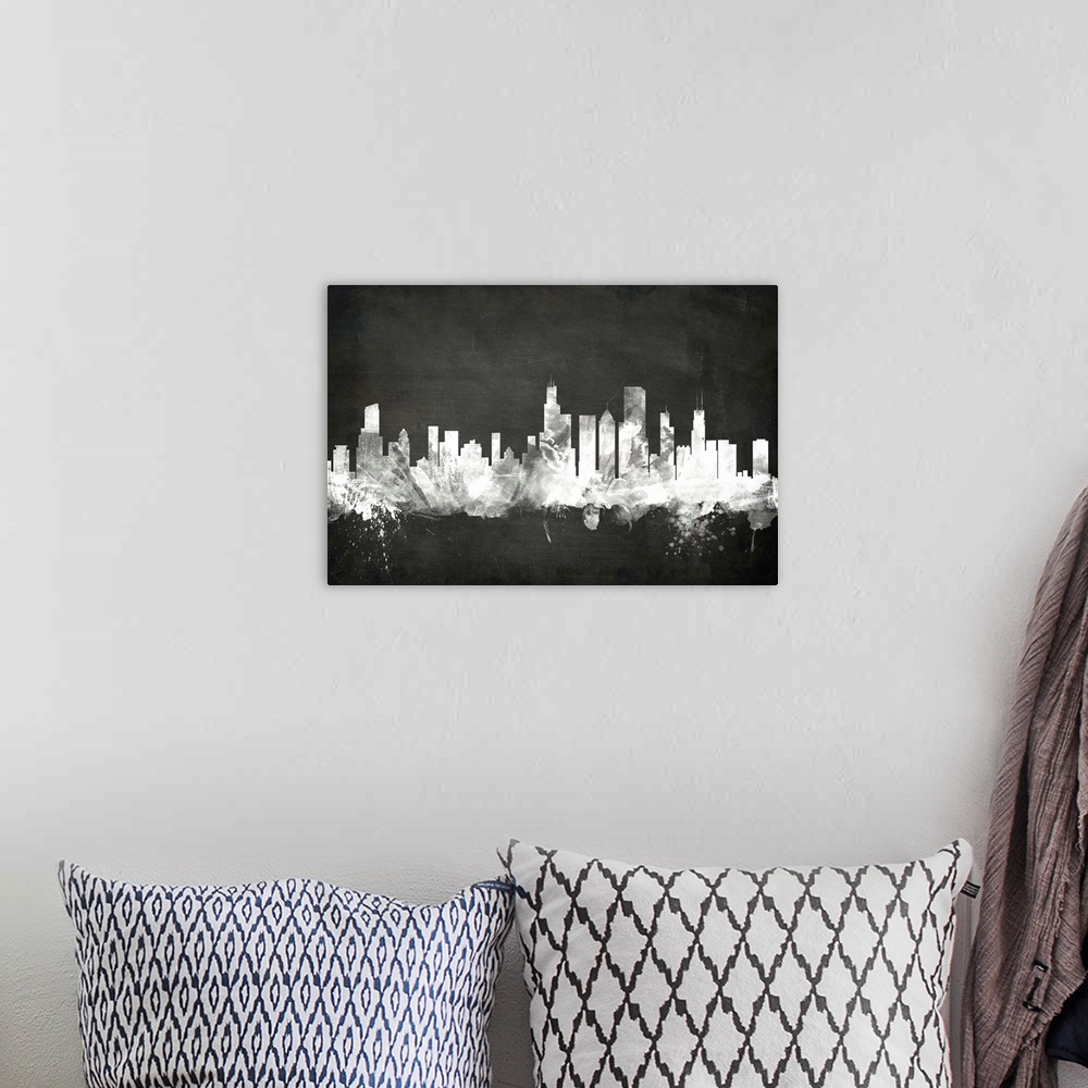 A bohemian room featuring Smokey dark watercolor silhouette of the Chicago city skyline against chalkboard background.