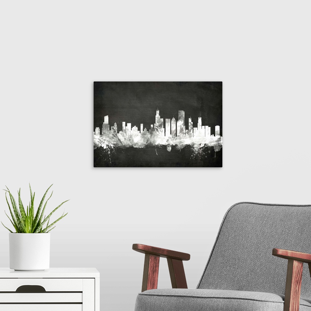 A modern room featuring Smokey dark watercolor silhouette of the Chicago city skyline against chalkboard background.