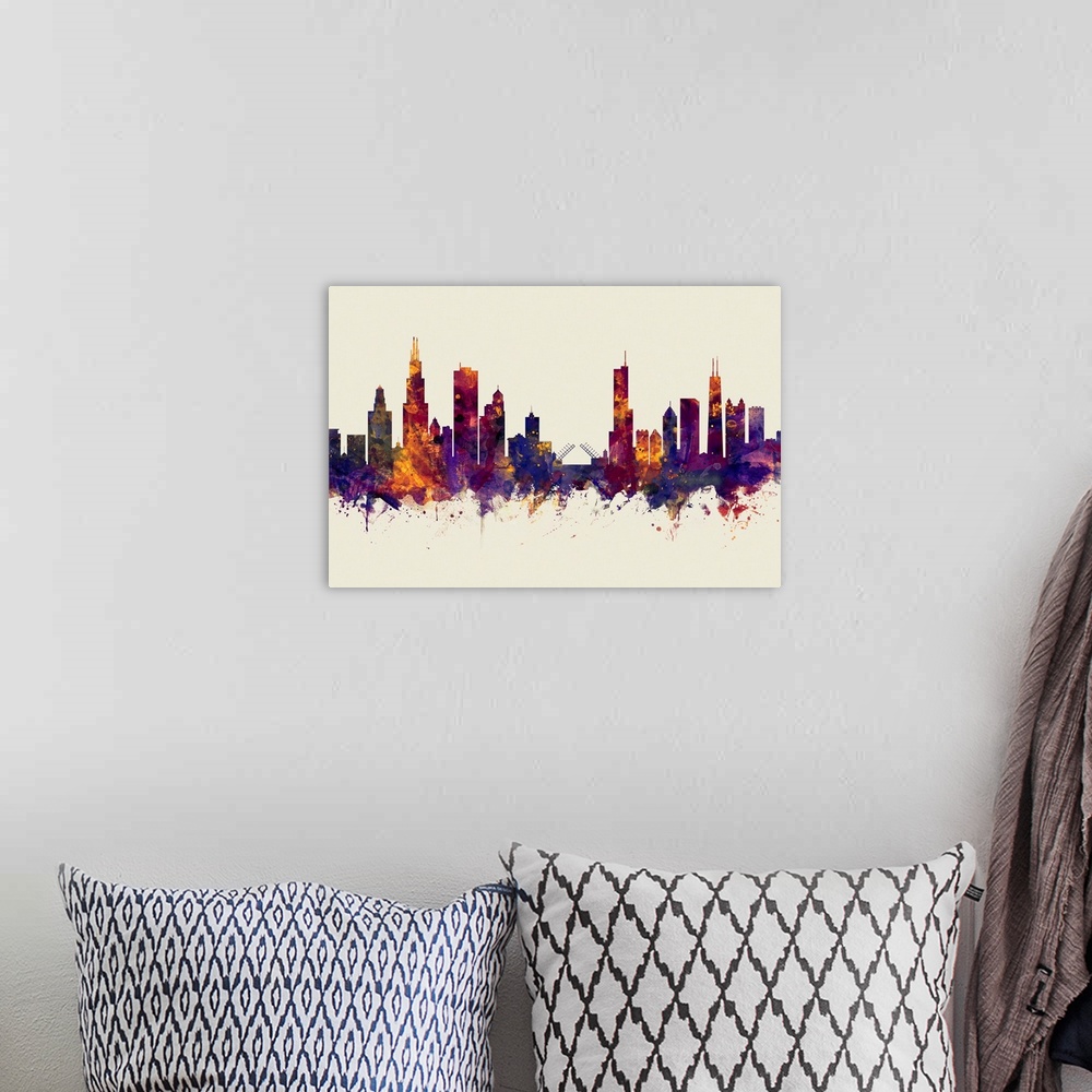 A bohemian room featuring Watercolor art print of the skyline of Chicago, Illinois, United States