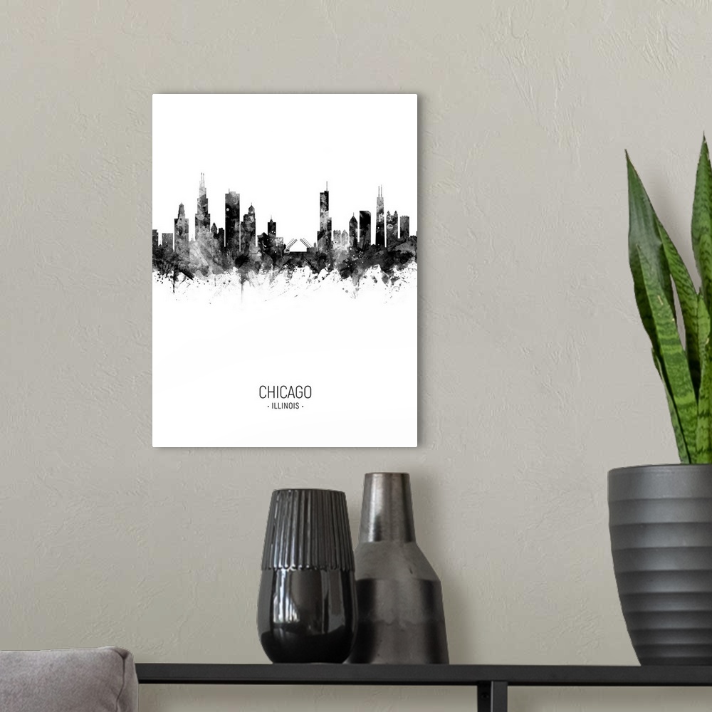 A modern room featuring Watercolor art print of the skyline of Chicago, Illinois, United States