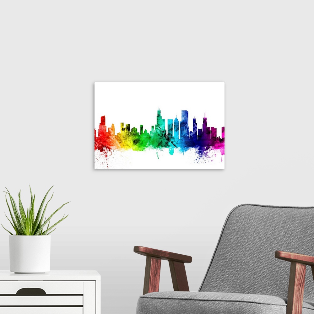 A modern room featuring Watercolor art print of the skyline of Chicago, Illinois, United States.