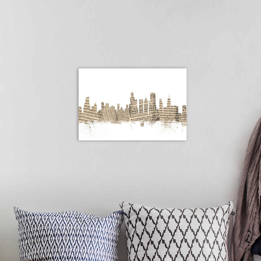 A bohemian room featuring Chicago skyline made of sheet music against a white background.