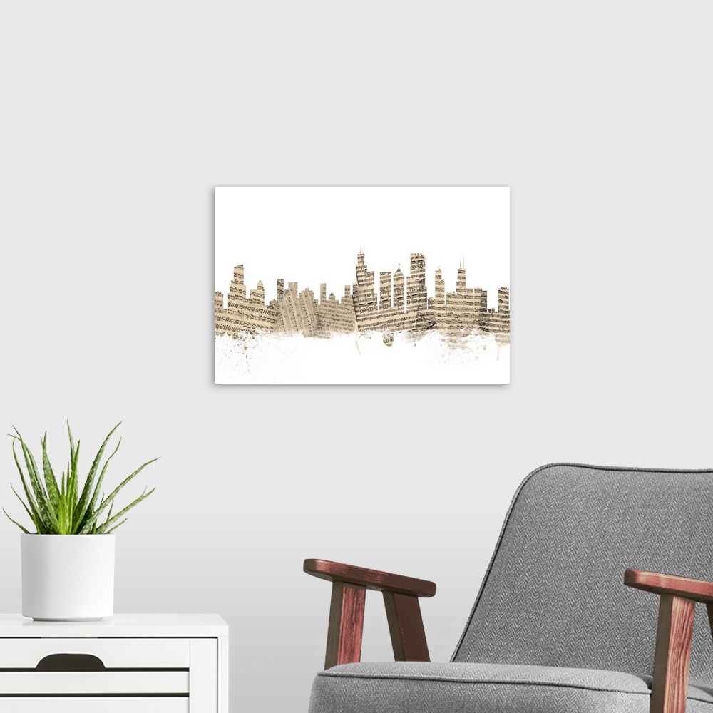 A modern room featuring Chicago skyline made of sheet music against a white background.