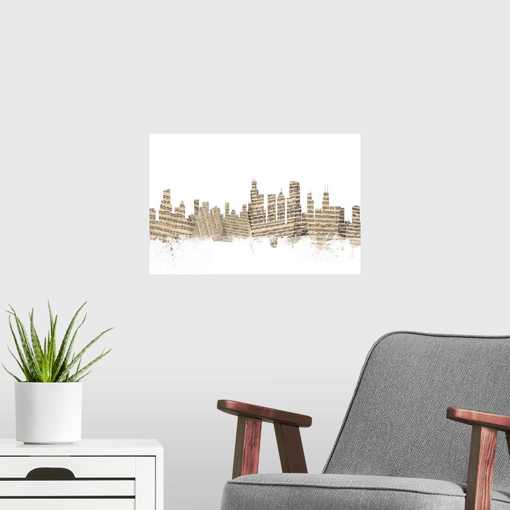 A modern room featuring Chicago skyline made of sheet music against a white background.