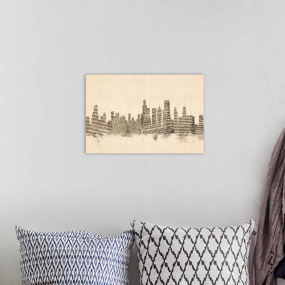 A bohemian room featuring Chicago skyline made of sheet music against a weathered beige background.