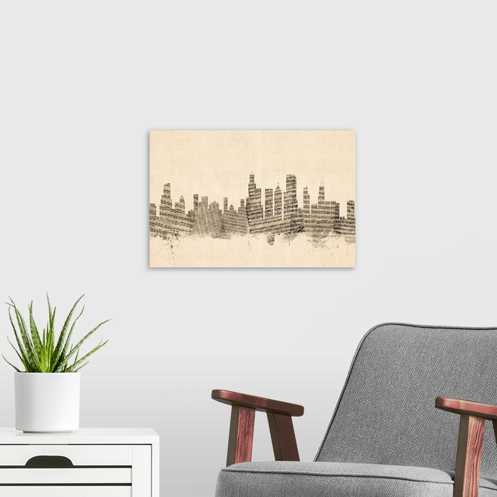 A modern room featuring Chicago skyline made of sheet music against a weathered beige background.