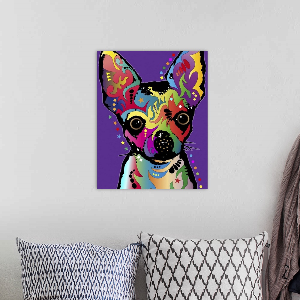 A bohemian room featuring Chihuahua Art Print. The Chihuahua is the smallest breed of dog and is named after the state of C...