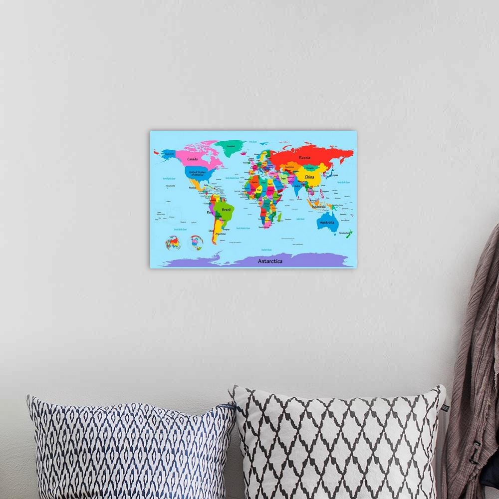 A bohemian room featuring Big illustration focuses on a map of the world.  To separate the clearly labeled countries, the a...