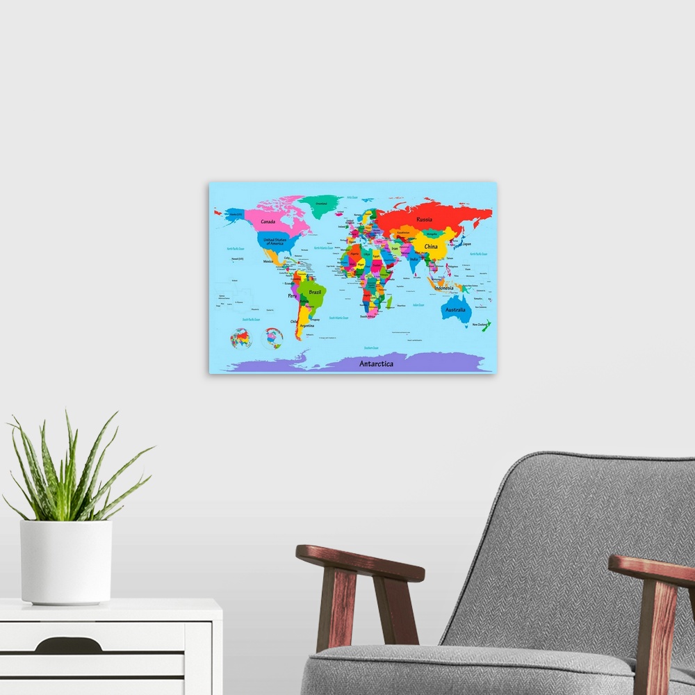 A modern room featuring Big illustration focuses on a map of the world.  To separate the clearly labeled countries, the a...