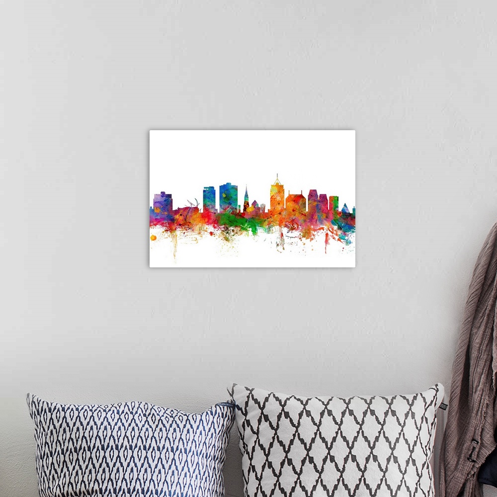 A bohemian room featuring Watercolor artwork of the Christchurch skyline against a white background.