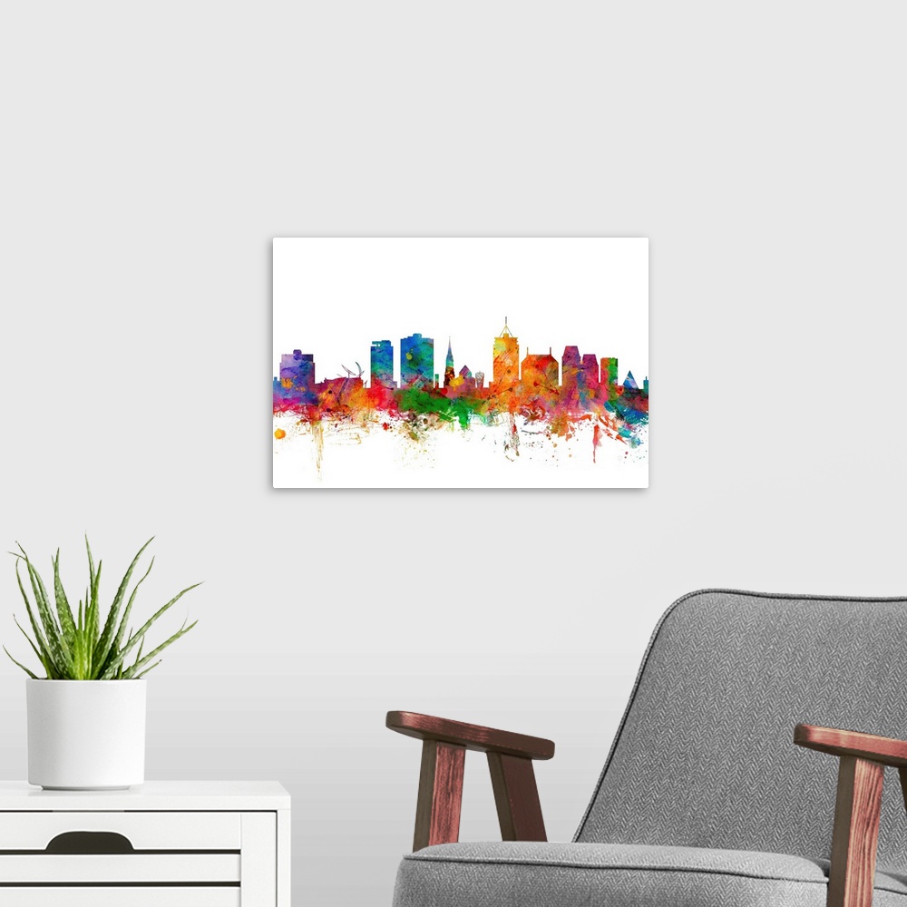 A modern room featuring Watercolor artwork of the Christchurch skyline against a white background.