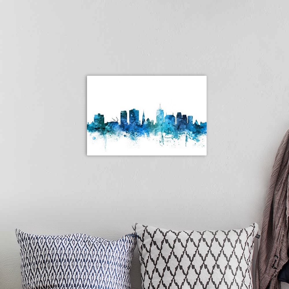 A bohemian room featuring Watercolor art print of the skyline of Christchurch, New Zealand.