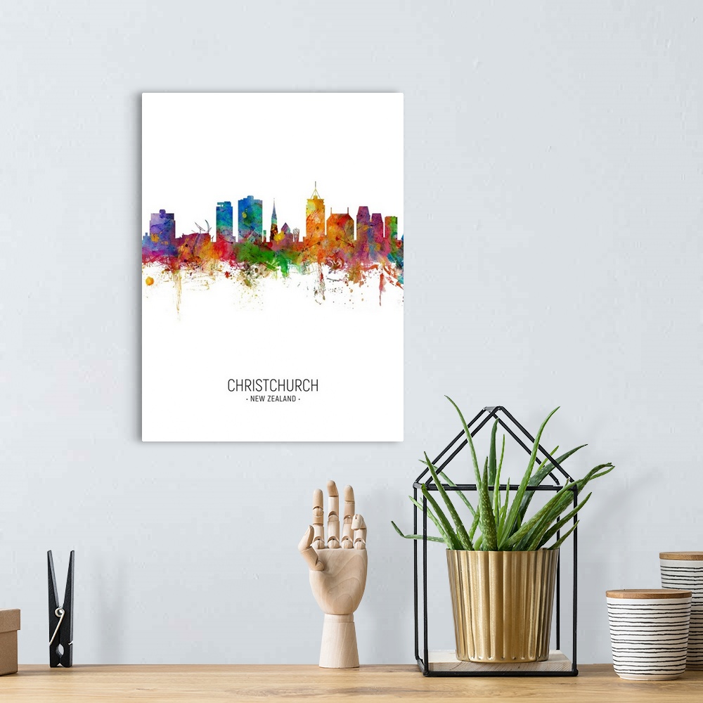 A bohemian room featuring Watercolor art print of the skyline of Christchurch, New Zealand