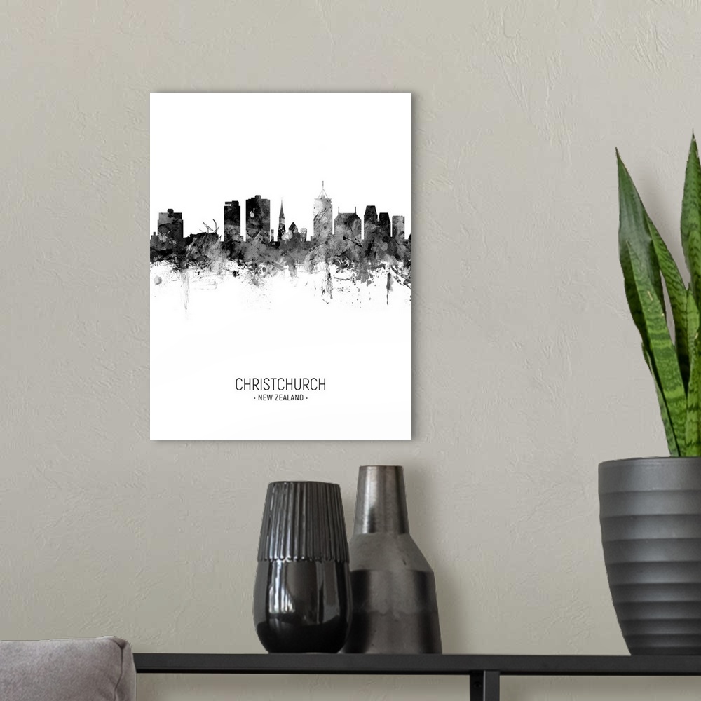 A modern room featuring Watercolor art print of the skyline of Christchurch, New Zealand