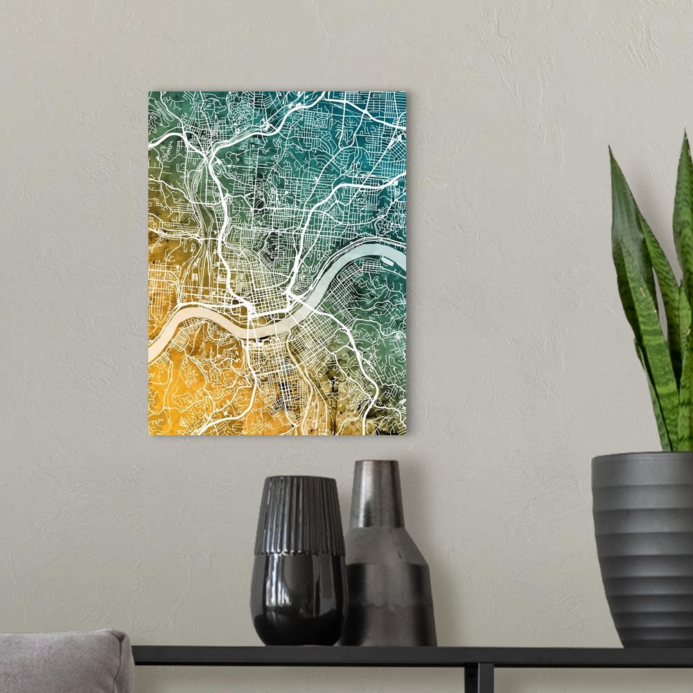 A modern room featuring Watercolor street map of Cincinnati, Ohio, United States