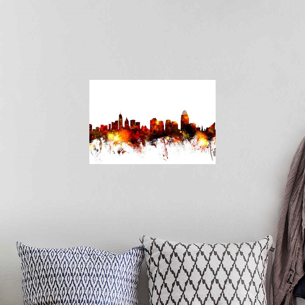 A bohemian room featuring Contemporary piece of artwork of the Cincinnati skyline made of colorful paint splashes.