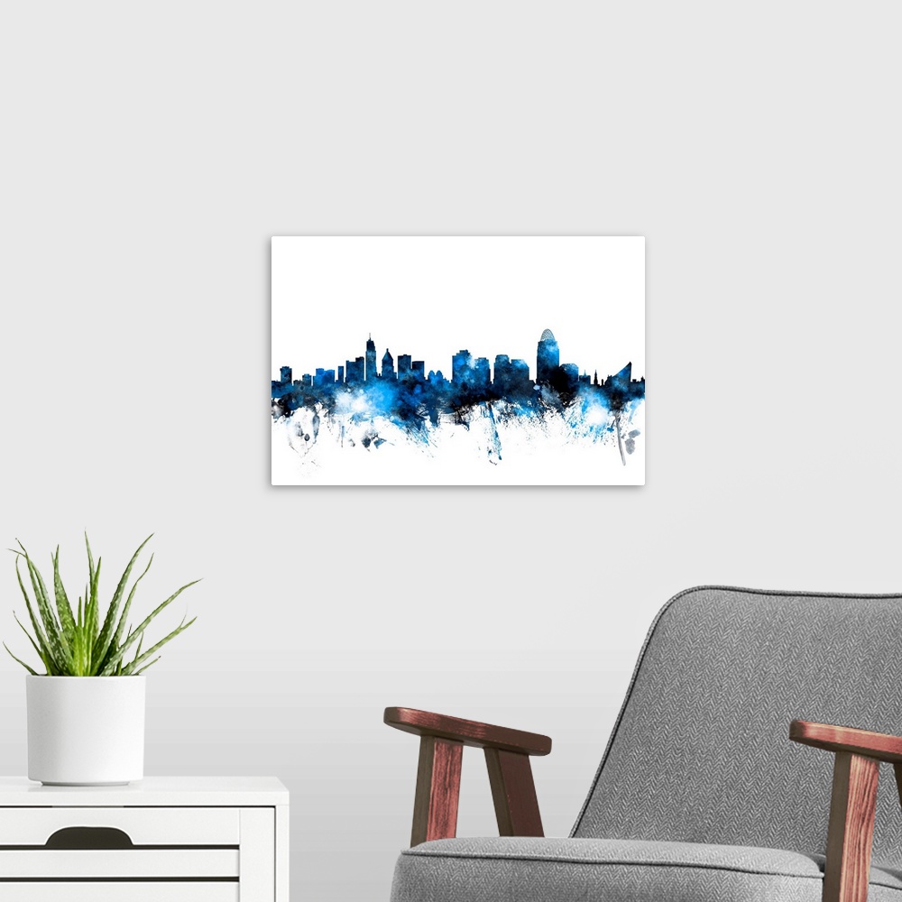 A modern room featuring Contemporary piece of artwork of the Cincinnati skyline made of colorful paint splashes.