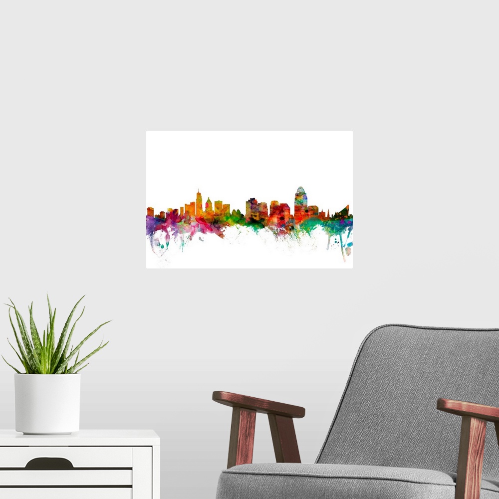 A modern room featuring Watercolor artwork of the Cincinnati skyline against a white background.