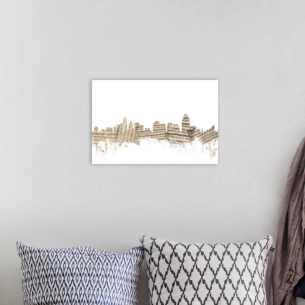 A bohemian room featuring Cincinnati skyline made of sheet music against a white background.