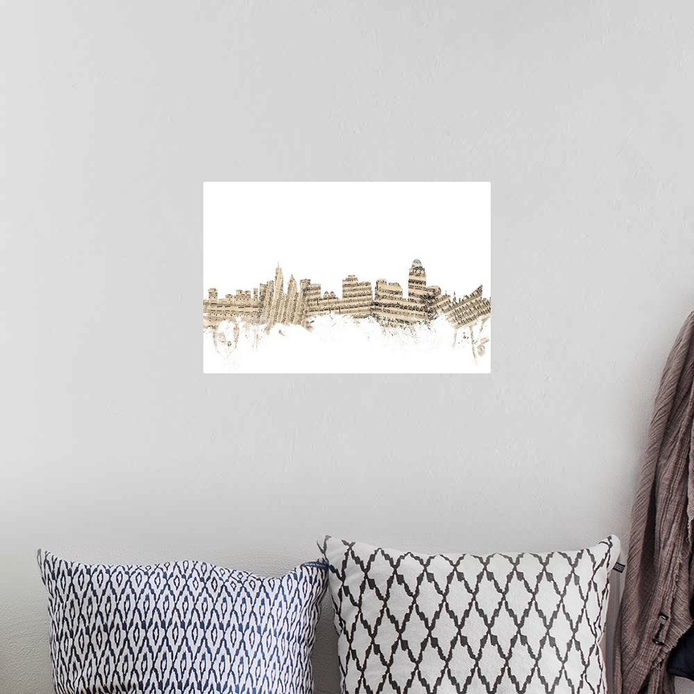 A bohemian room featuring Cincinnati skyline made of sheet music against a white background.