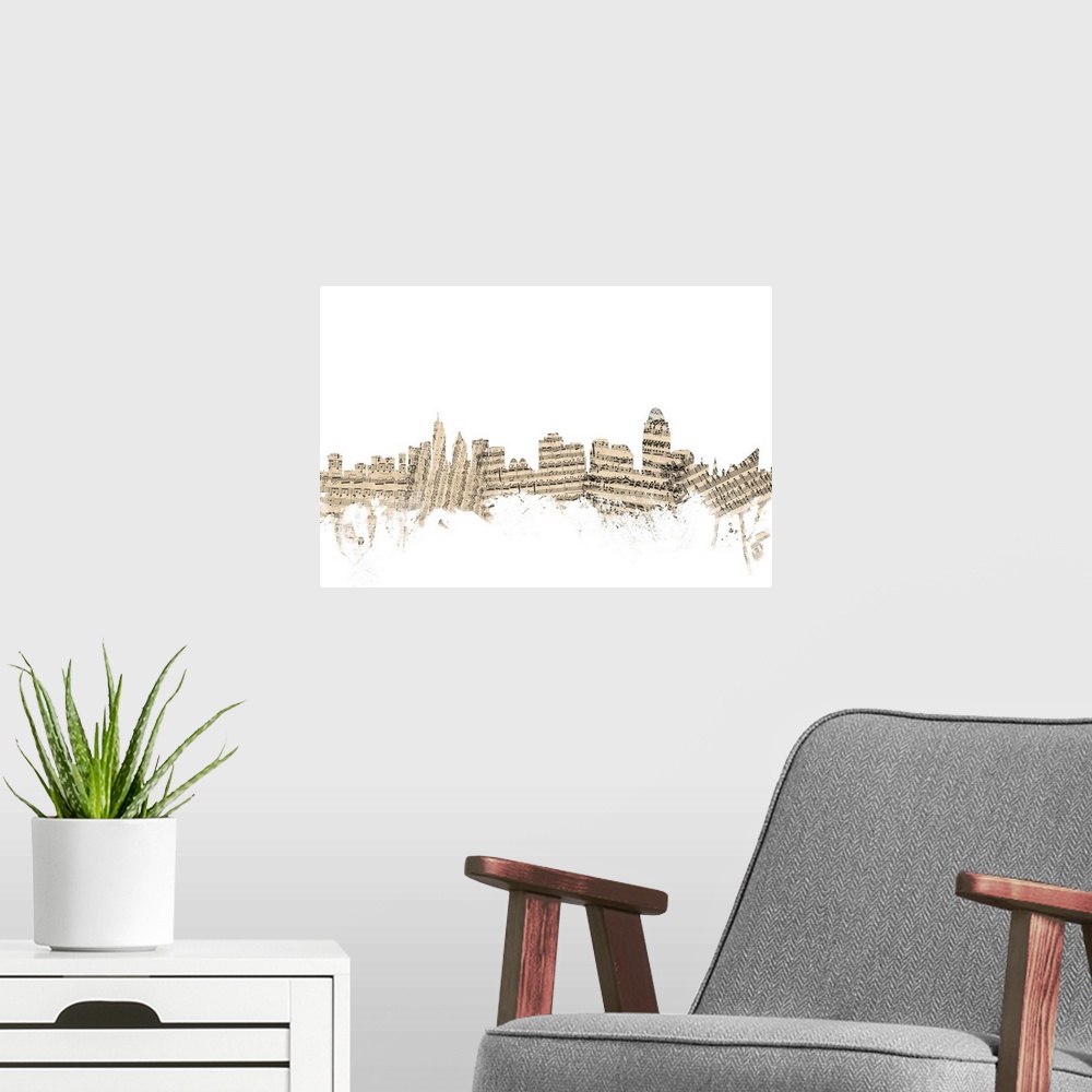 A modern room featuring Cincinnati skyline made of sheet music against a white background.