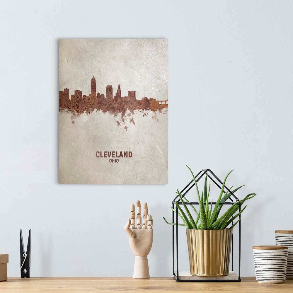 A bohemian room featuring Art print of the skyline of Cleveland, Ohio, United States. Rust on concrete.