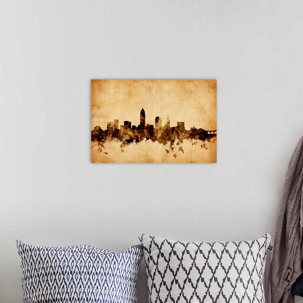 A bohemian room featuring Contemporary artwork of the Cleveland city skyline in a vintage distressed look.