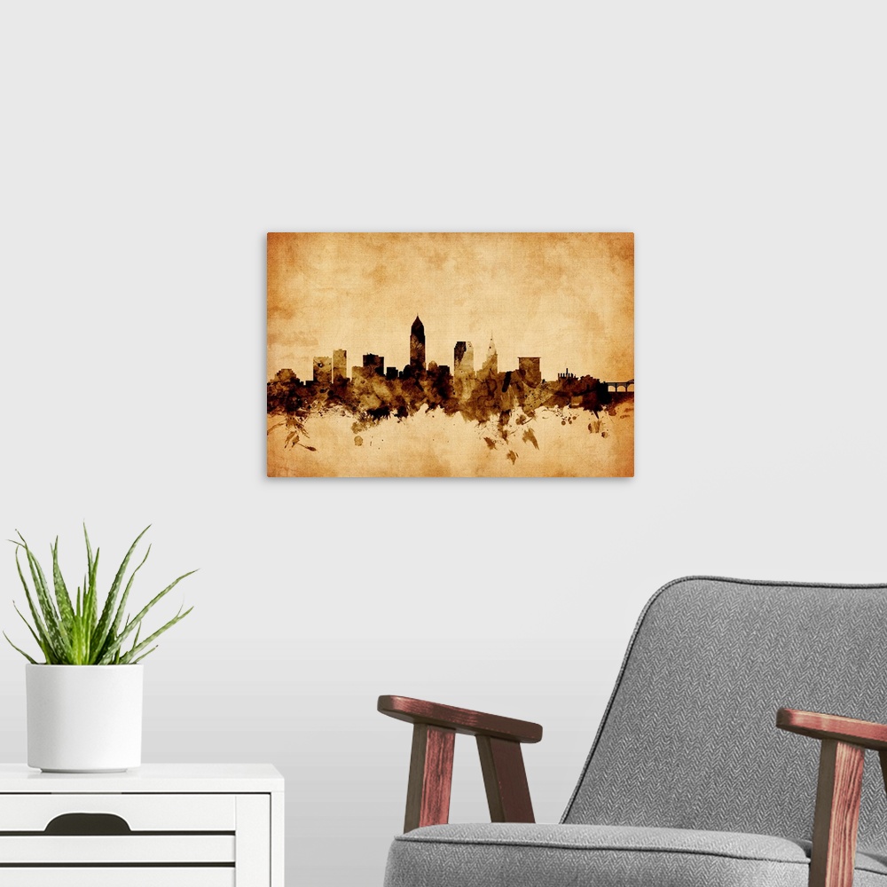 A modern room featuring Contemporary artwork of the Cleveland city skyline in a vintage distressed look.