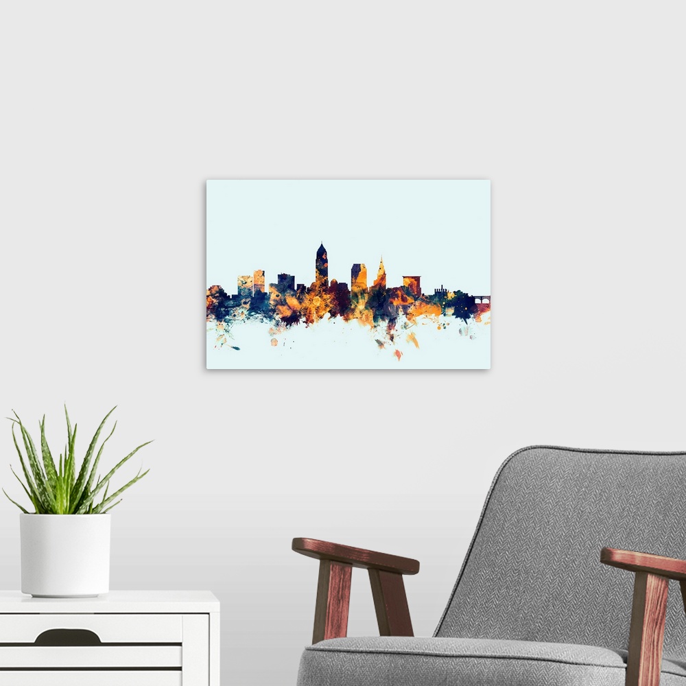 A modern room featuring Dark watercolor silhouette of the Cleveland city skyline against a light blue background.