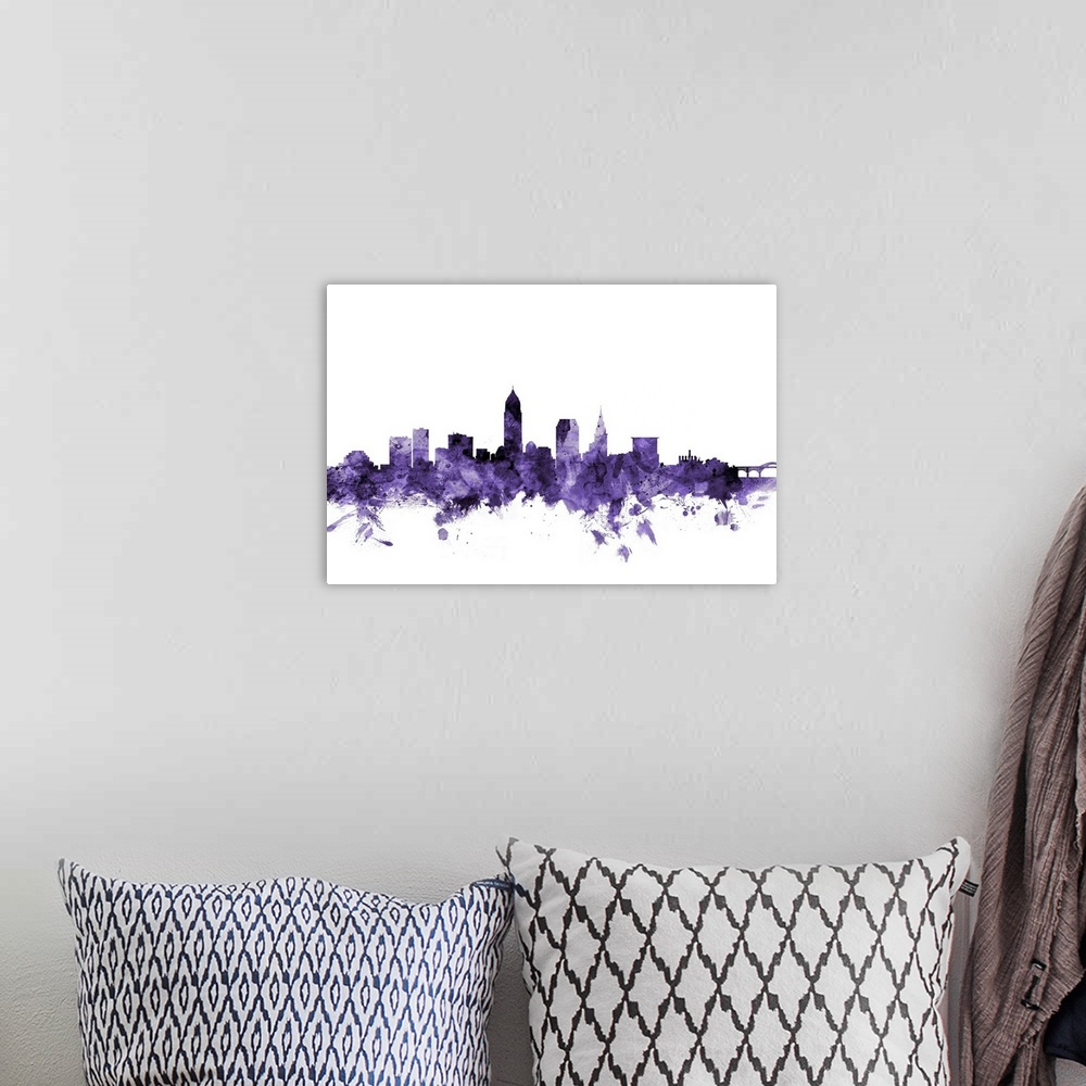A bohemian room featuring Watercolor art print of the skyline of Cleveland, Ohio, United States