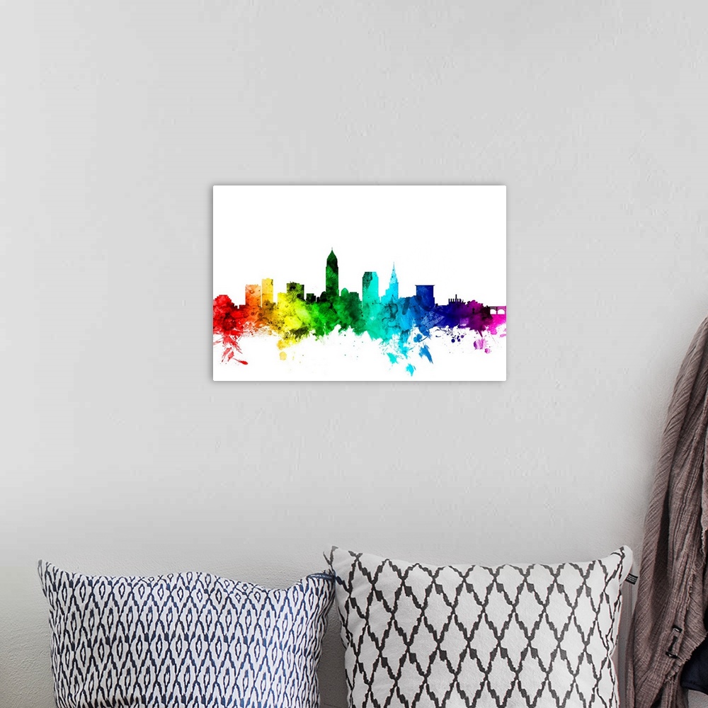 A bohemian room featuring Watercolor art print of the skyline of Cleveland, Ohio, United States.