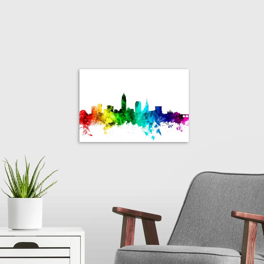 A modern room featuring Watercolor art print of the skyline of Cleveland, Ohio, United States.