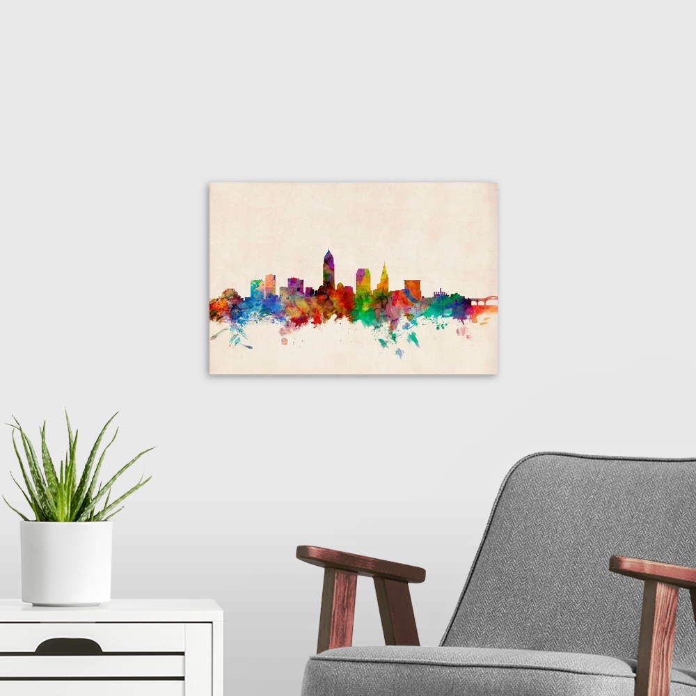 A modern room featuring Cleveland Ohio Skylines