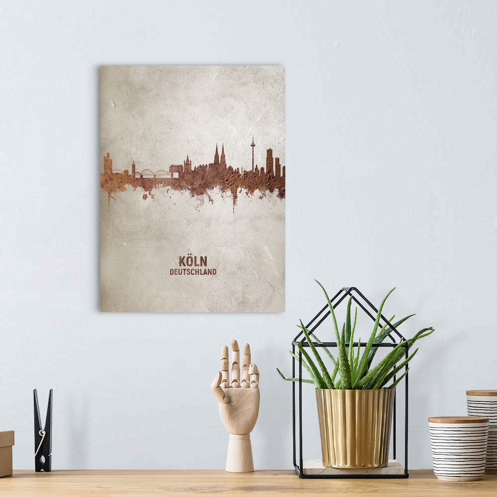 A bohemian room featuring Art print of the skyline of Cologne, Germany (Koln). Rust on concrete.