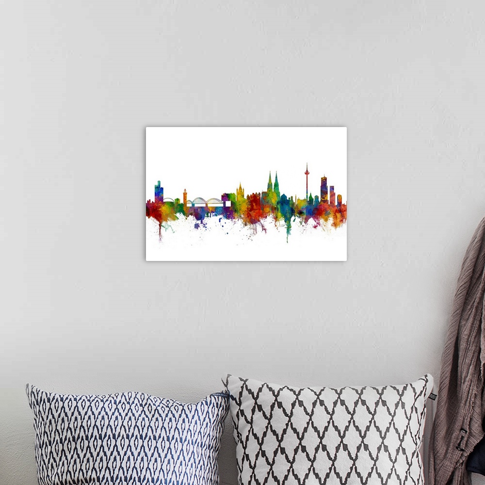 A bohemian room featuring Watercolor art print of the skyline of Cologne, Germany (Koln)