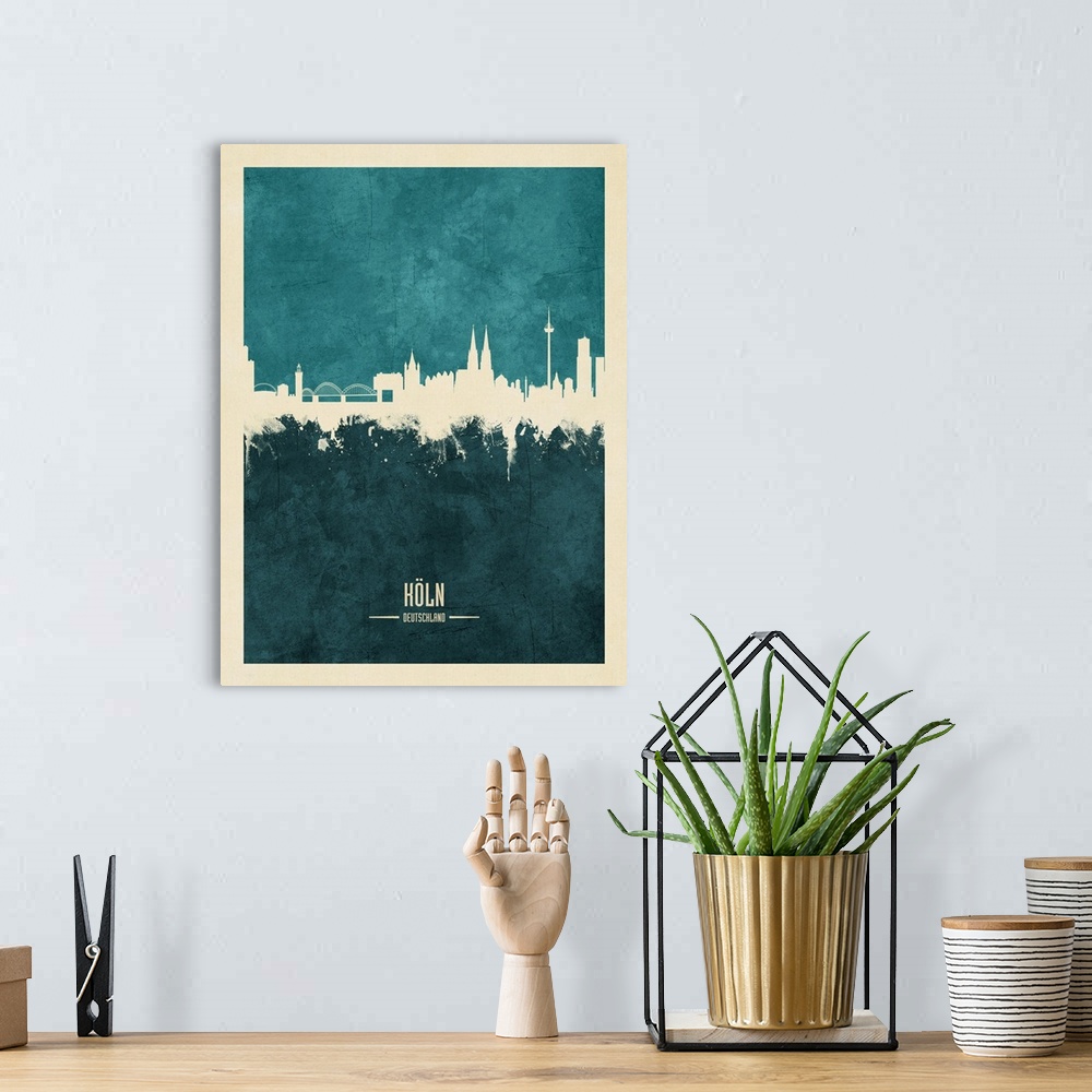 A bohemian room featuring Watercolor art print of the skyline of Cologne, Germany (Koln).