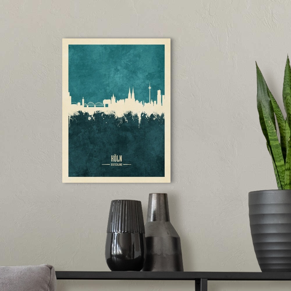 A modern room featuring Watercolor art print of the skyline of Cologne, Germany (Koln).
