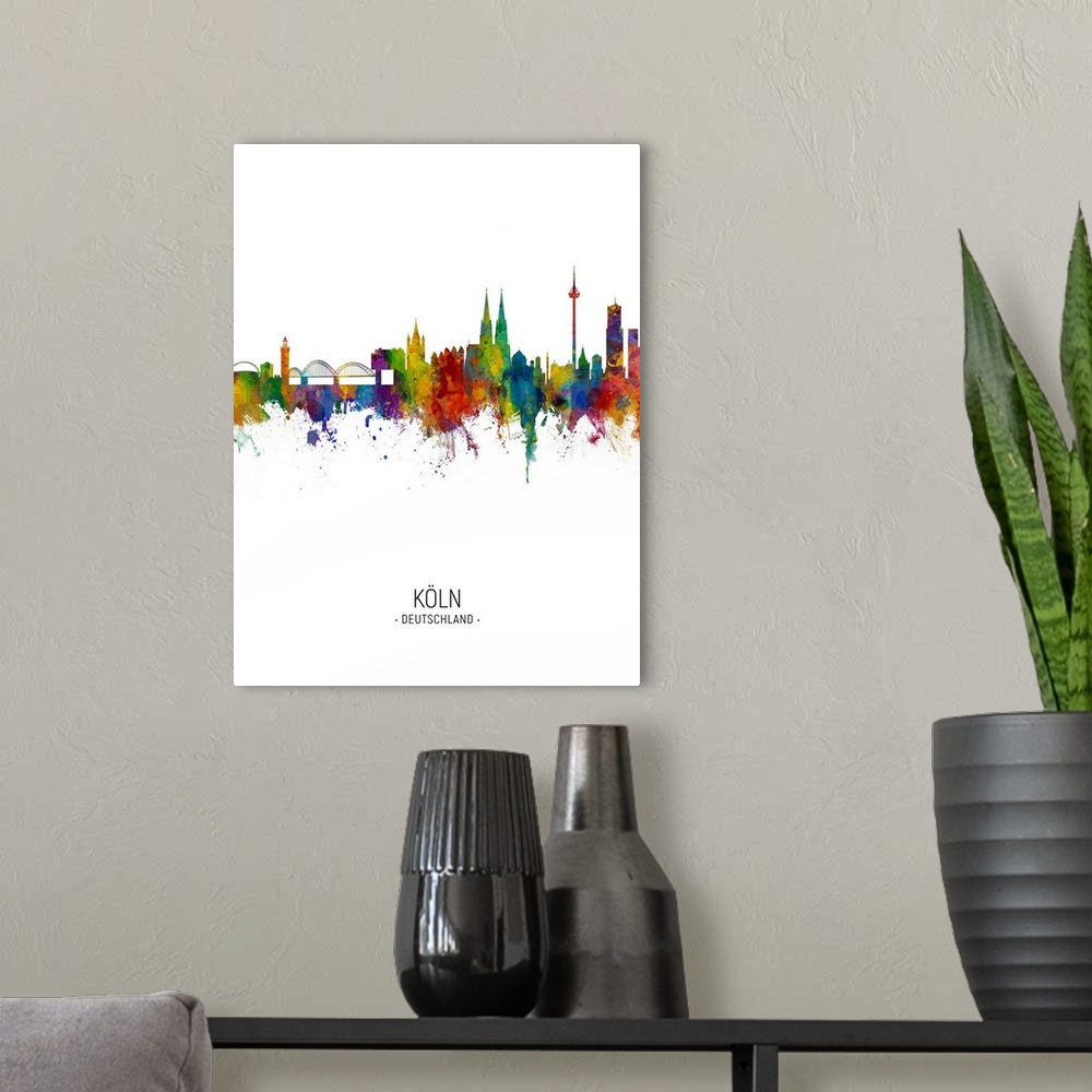 A modern room featuring Watercolor art print of the skyline of Cologne, Germany (Koln)