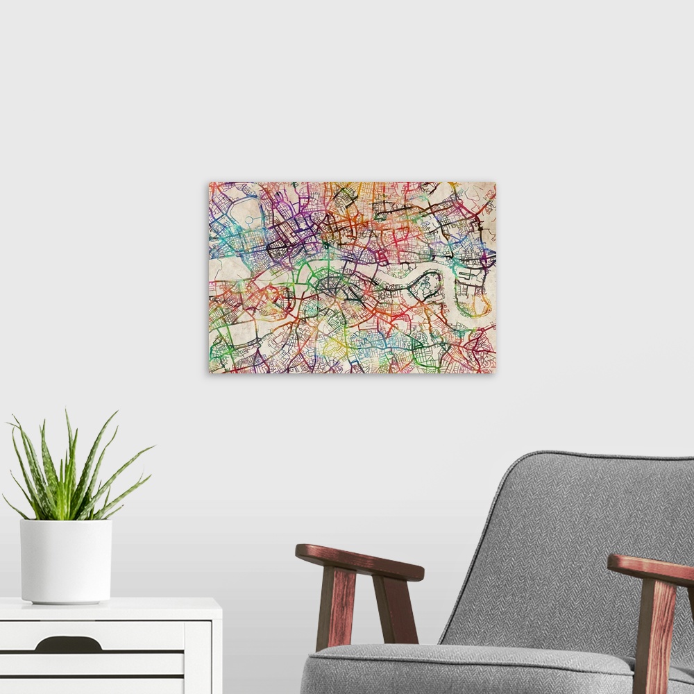 A modern room featuring This large piece consists of a rainbow of colors for a map of London showing all the streets and ...