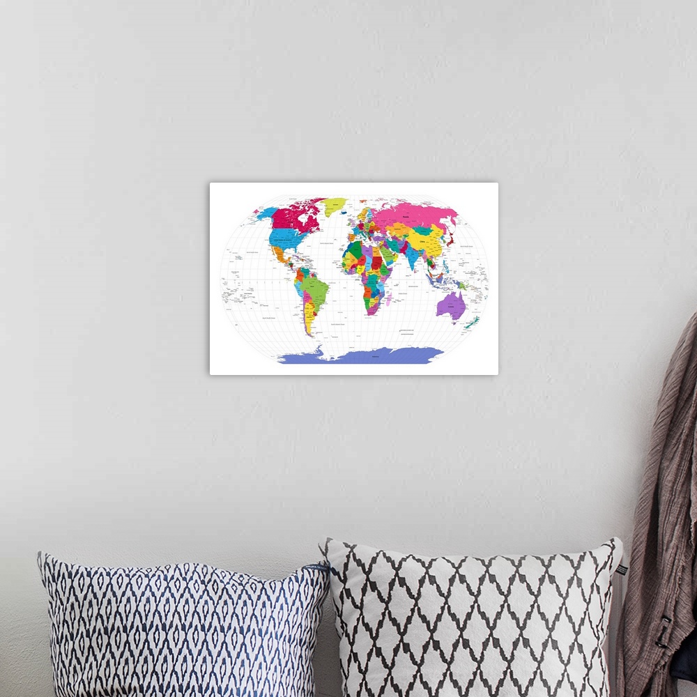 A bohemian room featuring Large artwork of a map of the world with each country colored brightly.