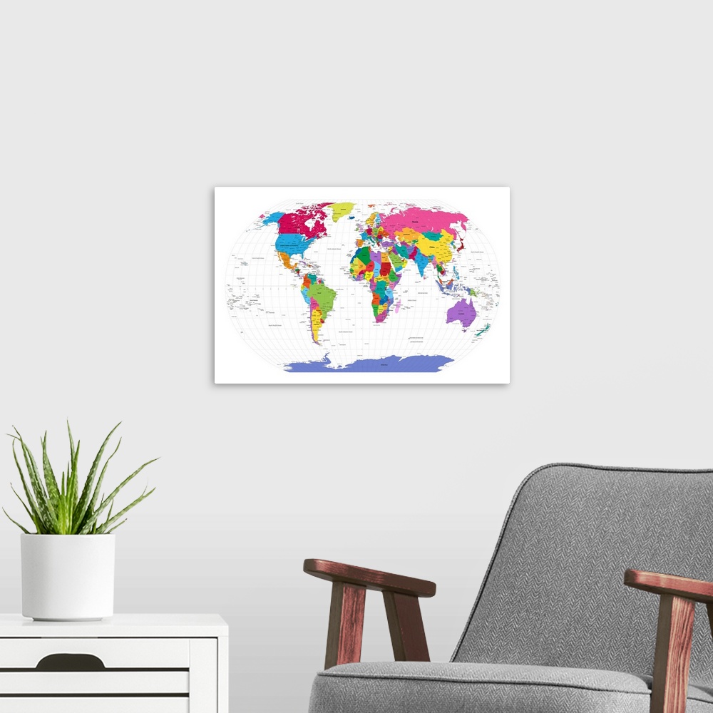 A modern room featuring Large artwork of a map of the world with each country colored brightly.