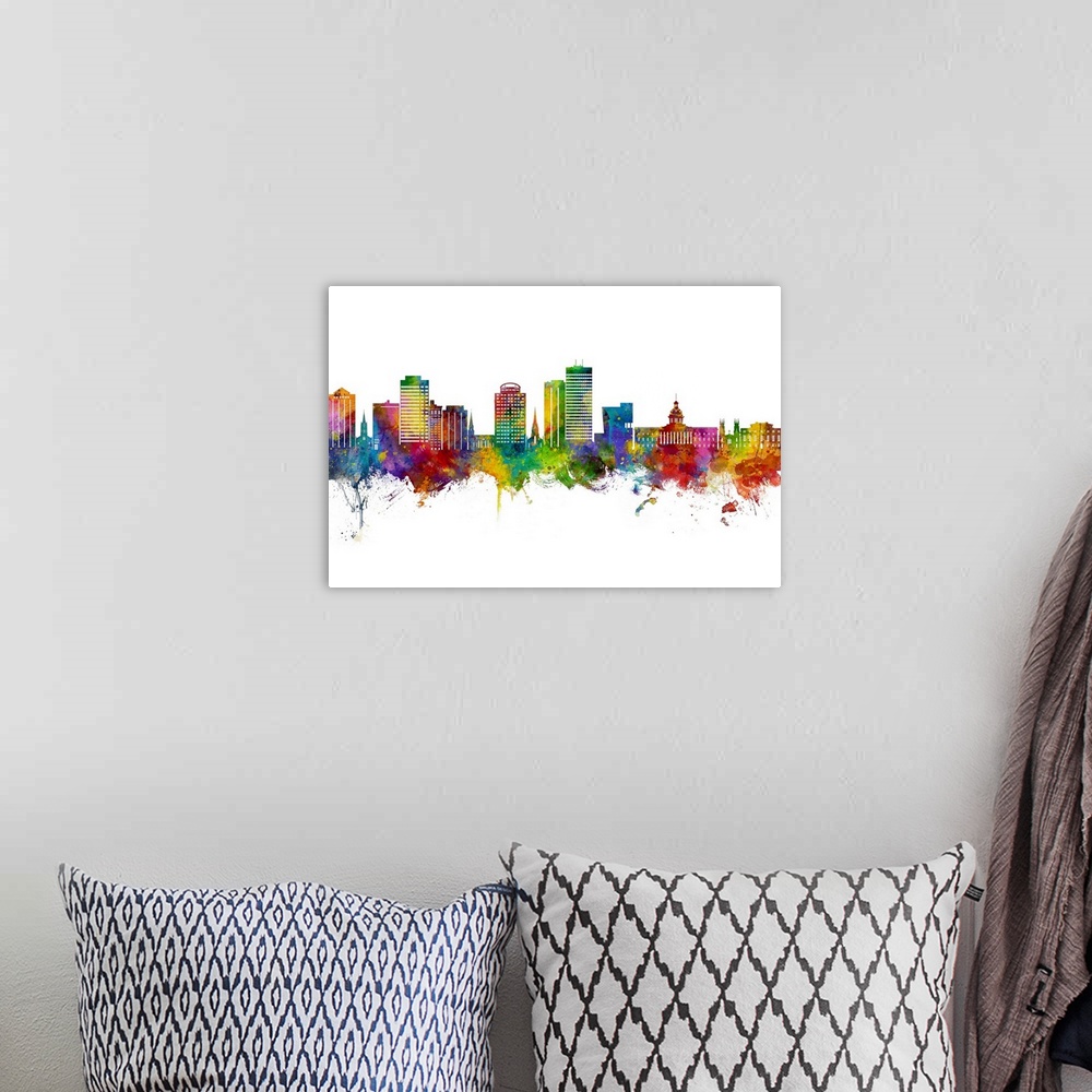 A bohemian room featuring Watercolor art print of the skyline of Columbia, South Carolina, United States
