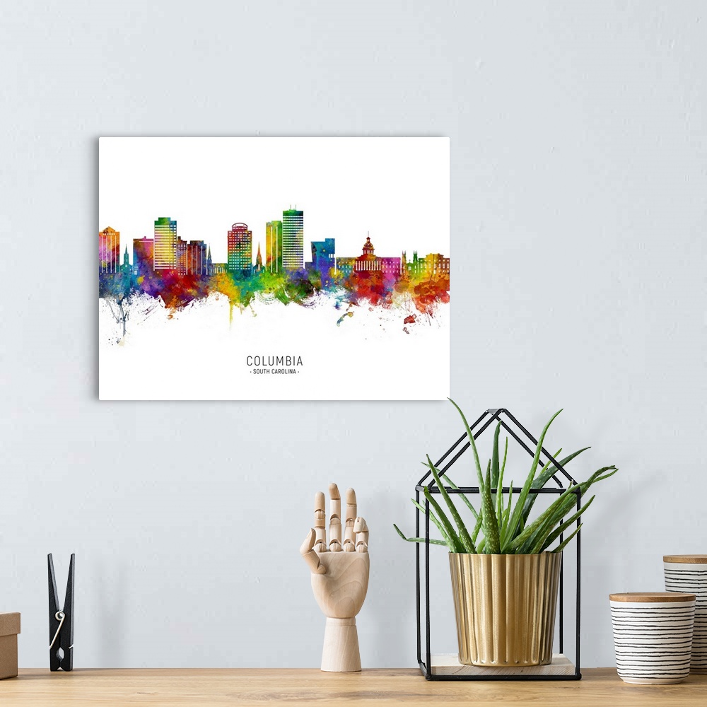 A bohemian room featuring Watercolor art print of the skyline of Columbia, South Carolina, United States