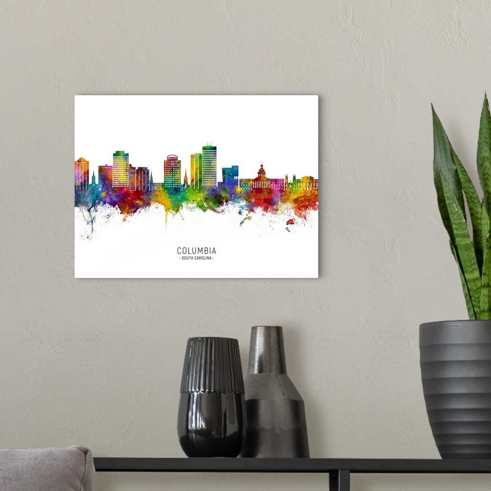 A modern room featuring Watercolor art print of the skyline of Columbia, South Carolina, United States